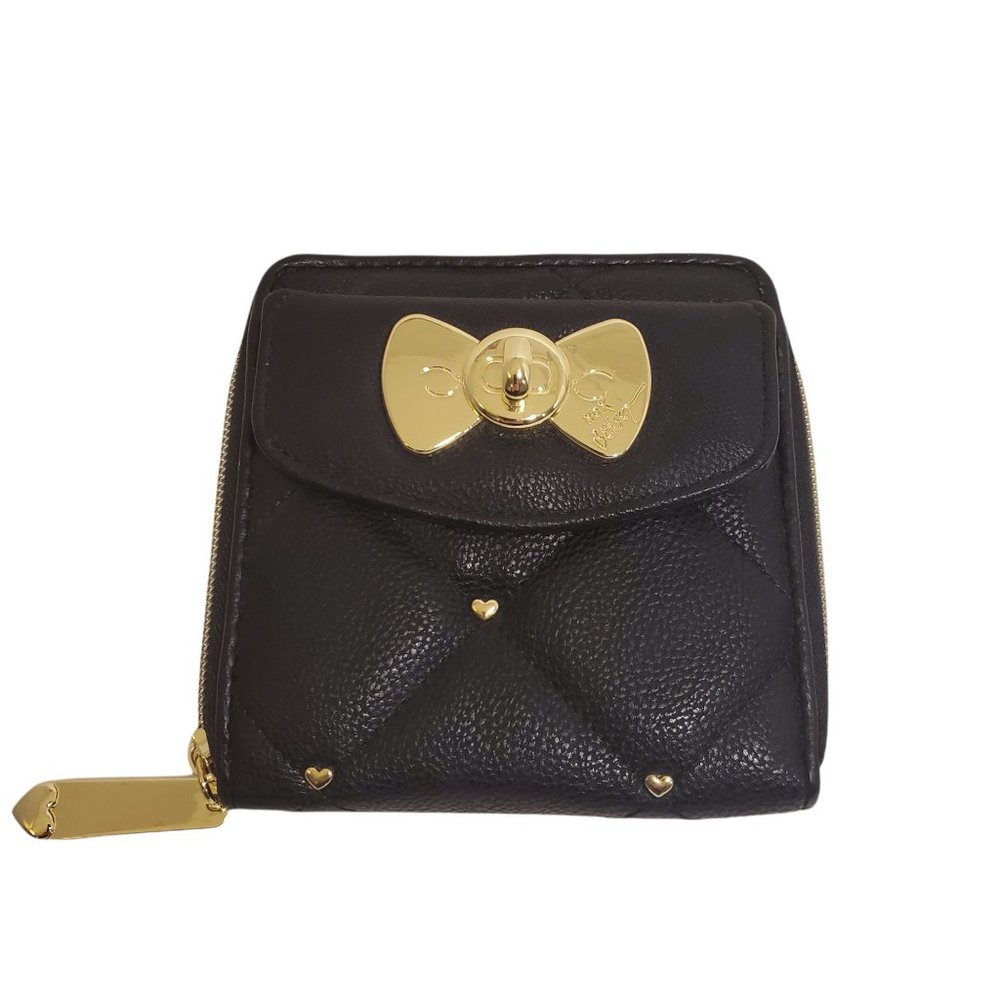 Betsey Johnson Vegan Leather Wallet Small Clutch Black W/ Gold Accents Hardware